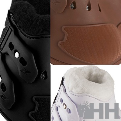 Detalhe de três botas com fechos e interior felpudo nas cores preta, castanha e branca