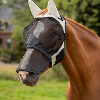 Cavalo castanho com venda protetora preta e bege com orelhas em tecido