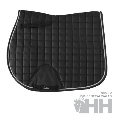Selim de cavalo preto acolchoado com borda cinza e reforço preto
