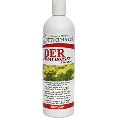 Frasco branco de champô OFFICINALIS DER DERMAT HORSES com etiqueta vermelha e flores amarelas