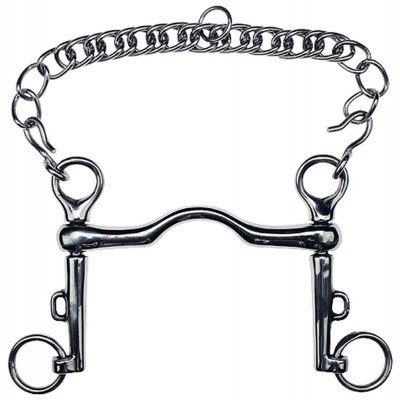 Freio metálico prateado para cavalo com corrente e argolas