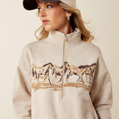 Sweat bege claro com estampa de cavalos e fecho