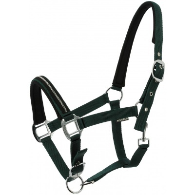 Cabresto para cavalo em nylon verde escuro com almofadas pretas e detalhes metálicos prateados