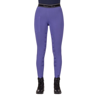Calças leggings azul roxo com bolso, cinto preto com texto branco e botas pretas