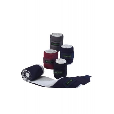 Conjunto de cinco bandagens elásticas para equitação em várias cores sobre fundo branco.