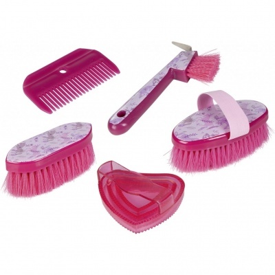 Conjunto de acessórios de higiene rosa e lilás com pente e escovas