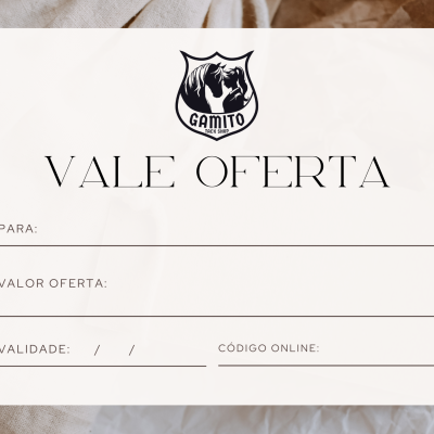 Vale oferta da Gamito em papel branco com texto e fundo de tecido bege
