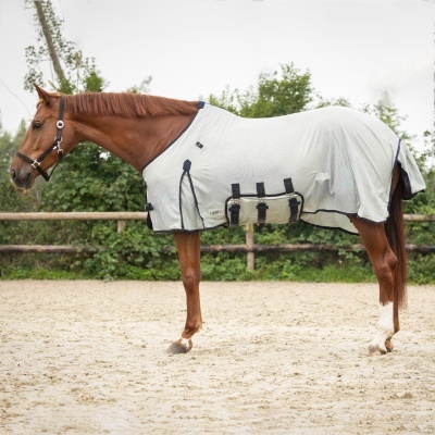 Cavalo castanho com manta cinza clara e detalhes pretos num espaço exterior com cerca e vegetação