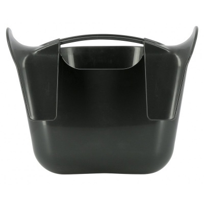 Bolsa ou suporte de plástico preto com alça central e compartimentos laterais