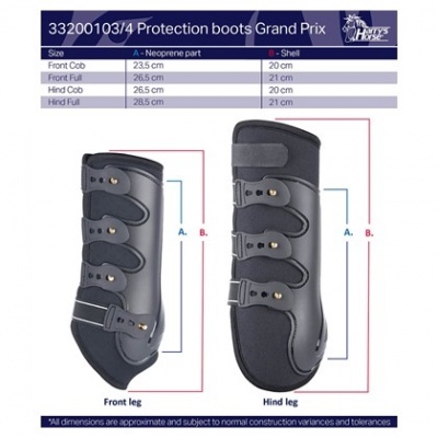 Botas de proteção pretas para pernas dianteiras e traseiras de cavalos com tabela de medidas