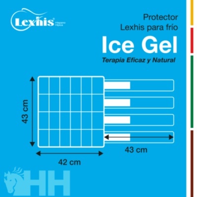 Embalagem azul de gel frio Ice Gel Lexhis com medidas em cm e logotipo branco