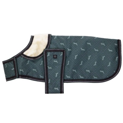 Casaco para cão verde com padrão de pequenos cães e forro branco