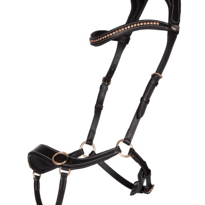 Cabeçada para cavalo preta com metal dourado e strass