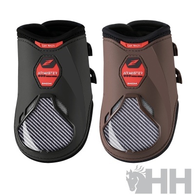 Par de botas ARMSTRONG para cavalo preta e castanha com detalhe fibra de carbono e etiqueta vermelha