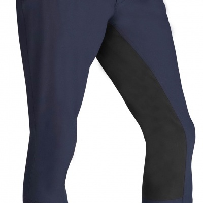 Calças de equitação azul escuro com reforço preto interno e botões prateados