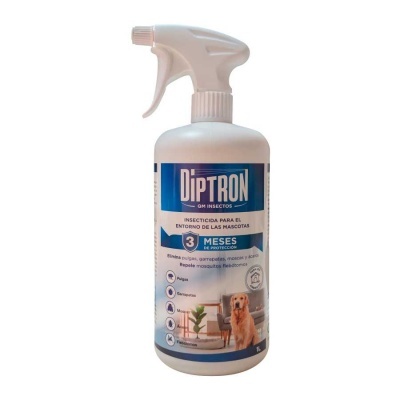 Frasco spray diptron insecticida para mascotas com rótulo azul e branco