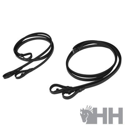 Duas rédeas pretas de couro com argolas metálicas sobre fundo branco e logo HH