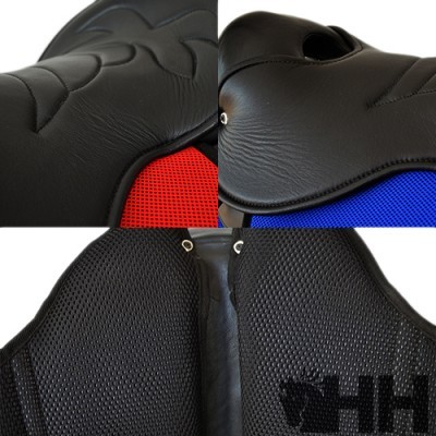 Peças de pega para caiaque em pele preta com tecido vermelho e azul e painel traseiro respirável preto com logótipo HH