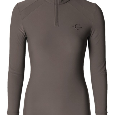 Camisola feminina manga comprida castanha com gola alta e fecho de correr