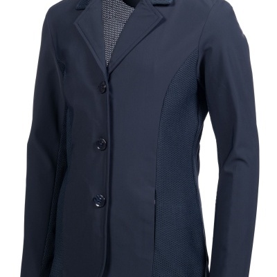 Casaco feminino azul escuro com botões e painéis laterais em malha