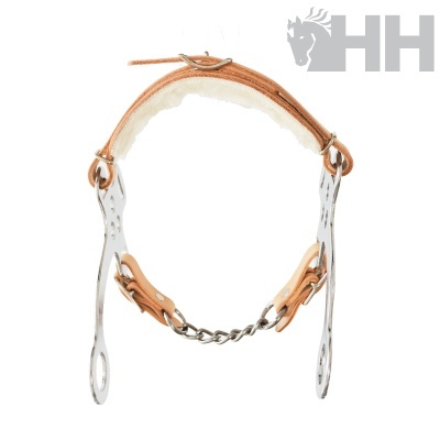 Freio para cavalo em couro castanho claro com detalhes metálicos e acolchoamento branco