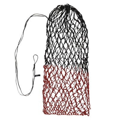 Rede de malha preta e vermelha com cordão de puxar