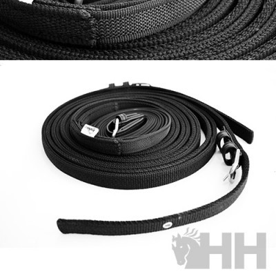 Correia ou fita preta trançada enrolada com etiqueta branca e logótipo HH