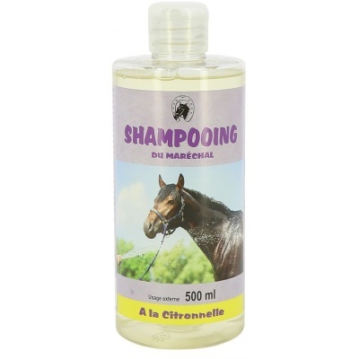 Frasco de shampoo para cavalos com rótulo lilás e amarelo e imagem de cavalo
