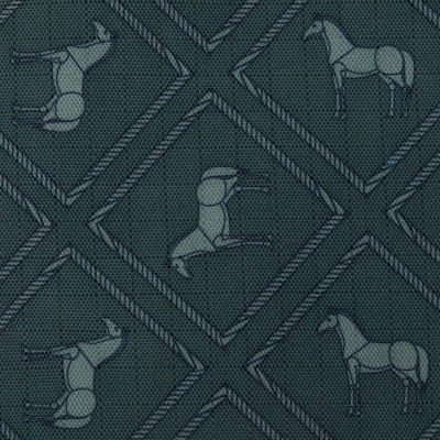 Tecido verde-escuro com padrão de diamantes e cavalos brancos estilizados