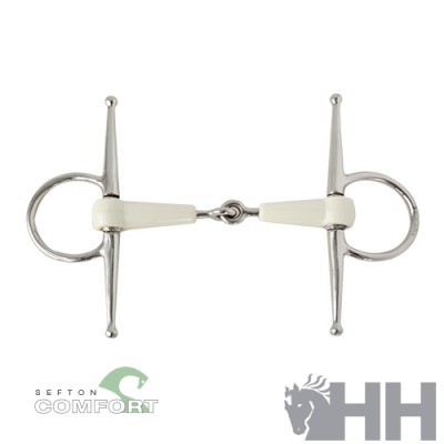 Freio de metal prateado com partes brancas para equitação e logos Sefton Comfort e HH