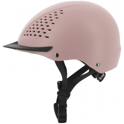 Capacete de proteção rosa com visor preto e tiras ajustáveis pretas
