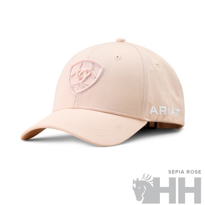 Boné rosa claro com bordados frontais e laterais.