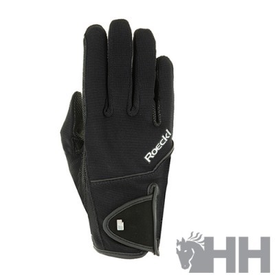 Luvas desportivas pretas Roeckl com fecho de velcro e logo branco