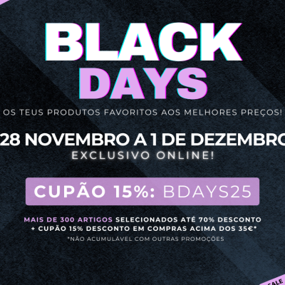 Cartaz promocional Black Days com fundo preto, texto lilás e branco, detalhes SALE em fitas lilases nas bordas