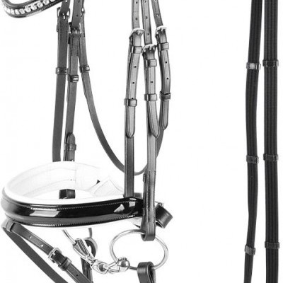 Freio de cavalo em couro preto com acolchoamento branco e pedras brilhantes