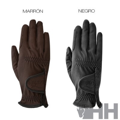 Duas luvas de equitação castanha e preta com fecho ajustável