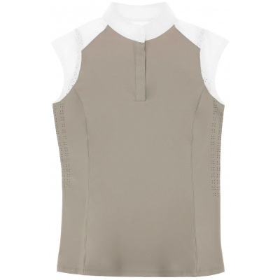 Camisola desportiva sem mangas bege com gola branca e detalhes perfurados nas laterais e ombros