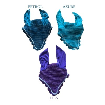 Protetores auriculares para cavalo em crochet nas cores petrol, azure e lila