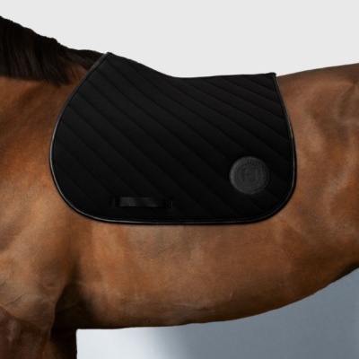 Manta preta acolchoada para cavalo com emblema H no dorso de cavalo castanho