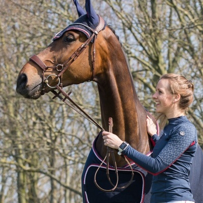 Cavalo castanho com orelheira e manta azul escura e mulher com roupa desportiva azul