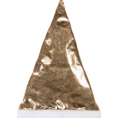 Chapéu de Natal dourado com aba e pompom brancos