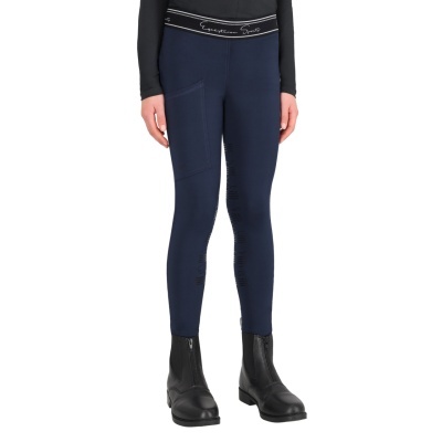 Calças de montar azul escuro com bolso lateral e faixa elástica com texto
