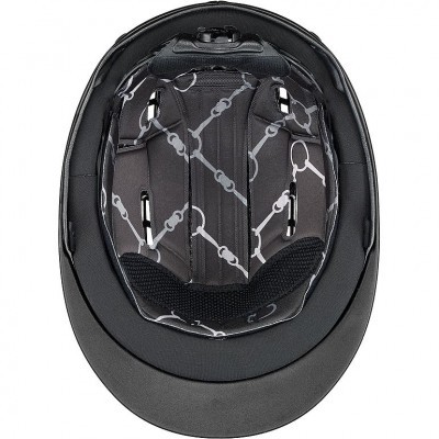 Interior de capacete de equitação preto com padrão branco e tiras ajustáveis