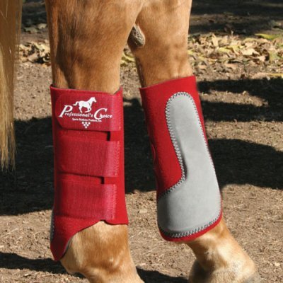 Protectores vermelhos de pés de cavalo com couro cinzento e texto 'Professional Choice'