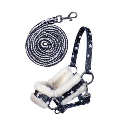 Conjunto de peitoral para animais com padrão de estrelas e trela trançada preto e branco