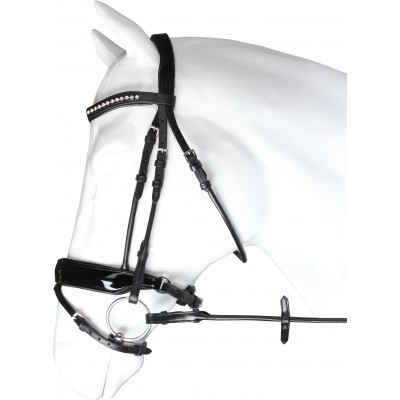 Bridão preto em pele e verniz com cristais em manequim branco