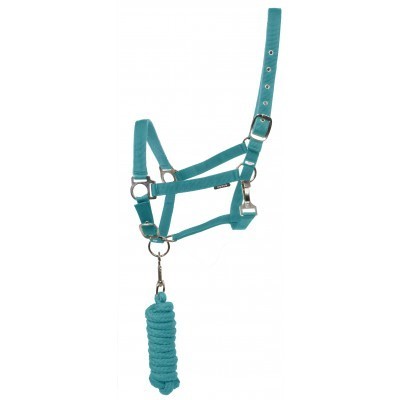 Cabresto azul turquesa de tecido com fivelas metálicas e corda do mesmo tom