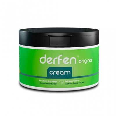 Frasco de creme derfen original cream com rótulo verde e tampa preta