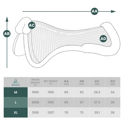 Diagrama de um têxtil acolchoado com tabela de medidas para tamanhos
