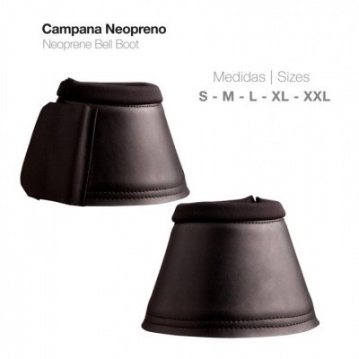 Campana de neopreno preta em fundo branco com tamanhos indicados